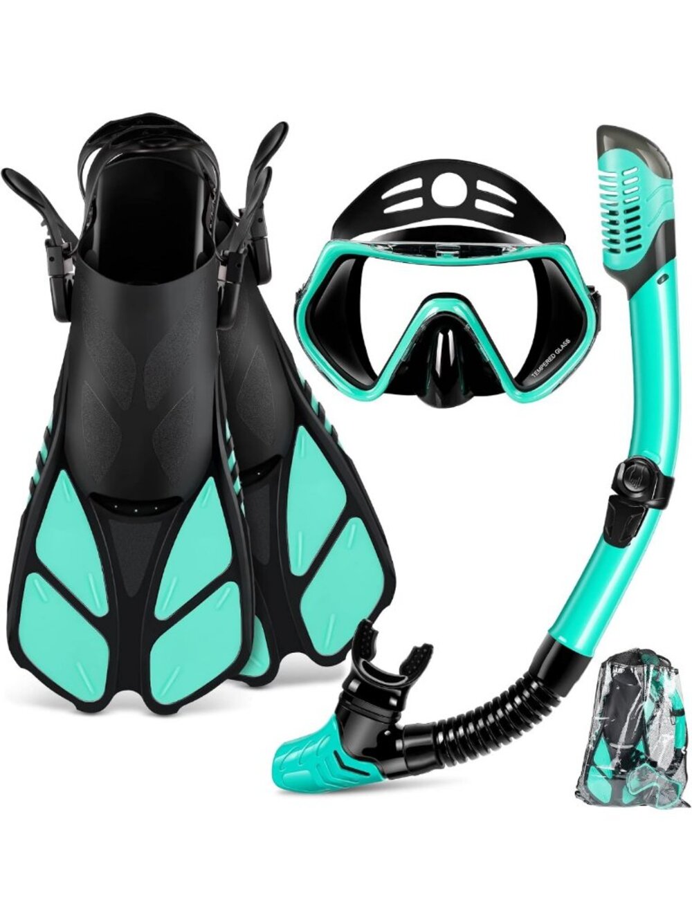 Travel Snorkel Set for Adults - Panoramic Anti-Fog Mask, Trek Fins & Gear Bag